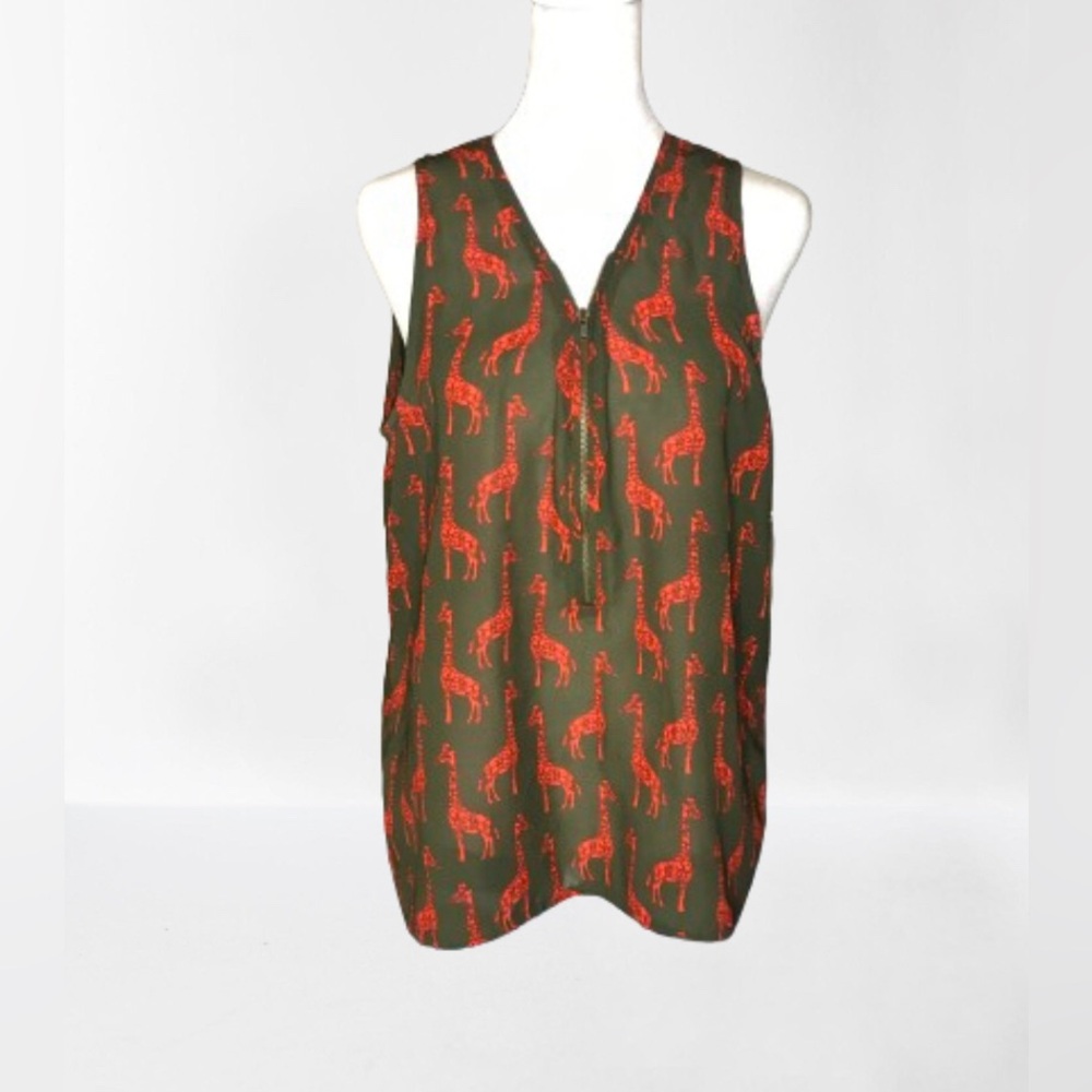 Banana Republic Red Giraffe Print Olive Green Sleeveless Top Size Small